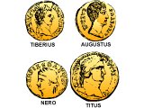 Heads of Caesar Augustus, Tiberius, Titus and Nero on their coins